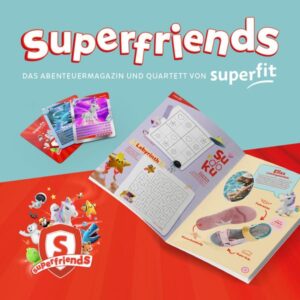 Kindermagazin und Spielkarten-Set aus der Superfriends-Kampagne