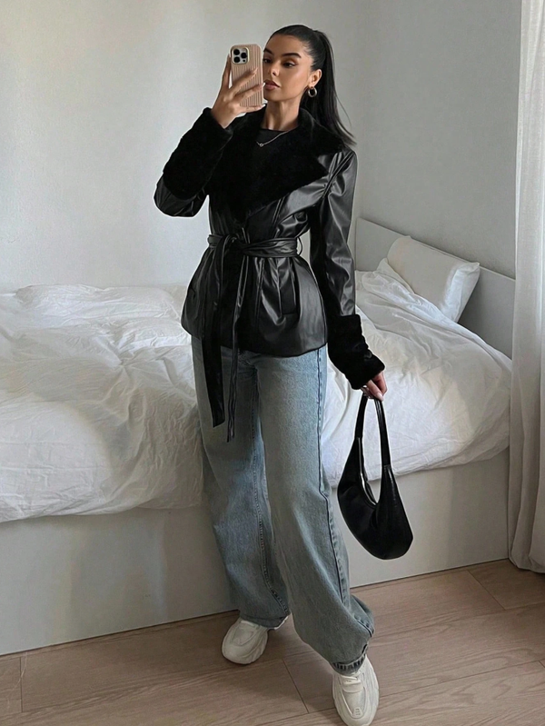 SHEIN EZwear Taillierte Jacke mit PU-Besatz und Kordelzug