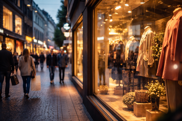 Geschäfte und erleuchtete Schaufenster vermitteln Sicherheit.