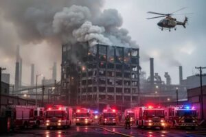 Die Huiteng-Schuhfabrik in Flammen