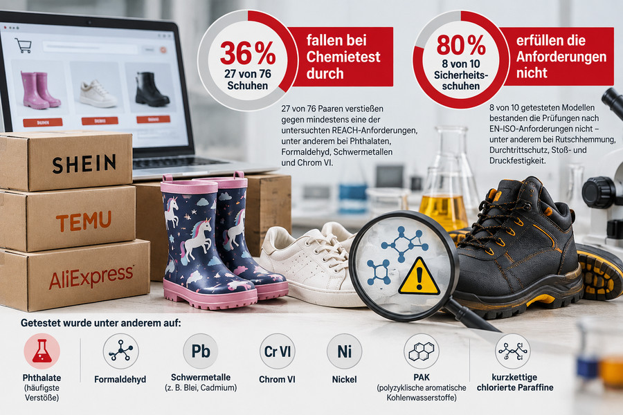 Bei einer Untersuchung von Schuhen, die über Shein, Temu und AliExpress gekauft wurden, stellte die CEC zahlreiche Verstöße gegen europäische Sicherheits- und Chemikalienvorschriften fest.