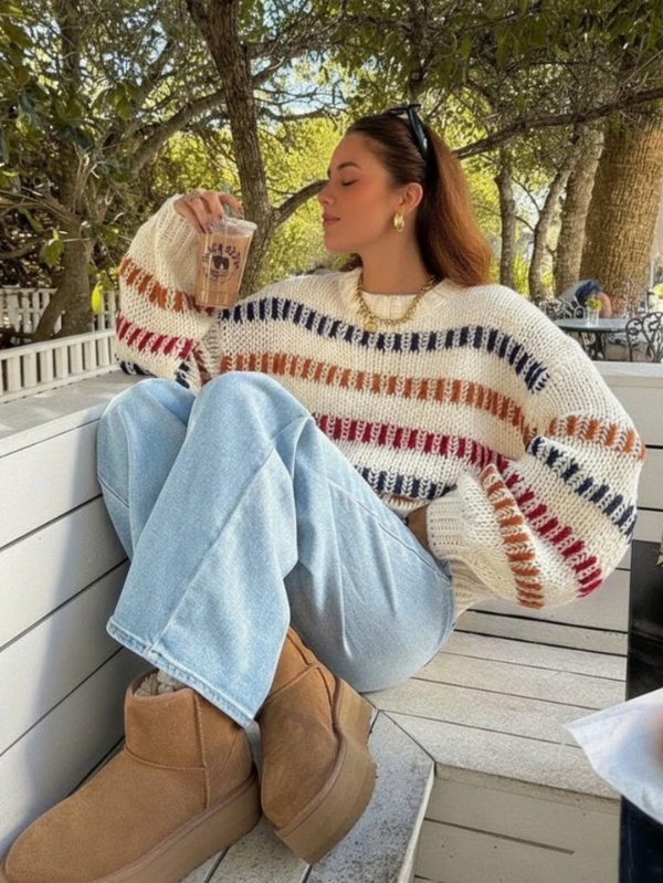 Neu eingetroffene Damen-Vintage-Kontrastfarben-Puffärmel-Strickjacke Herbst/Winter 2025