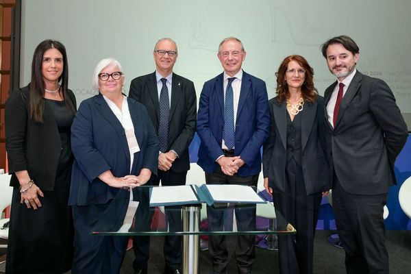 Alice Marcato, Giovanna Ceolini, Education Minister Giuseppe Valditara, Business Minister Adolfo Urso, Serena Musolesi and Marco Amato (from left)