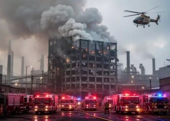Die Huiteng-Schuhfabrik in Flammen