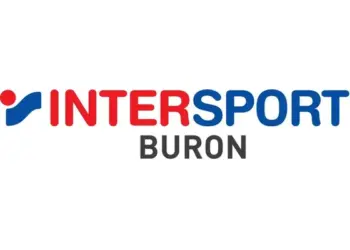 Intersport Buron Logo mit rotem und blauem Schriftzug sowie Firmensymbol