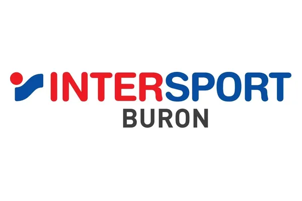 Intersport Buron Logo mit rotem und blauem Schriftzug sowie Firmensymbol