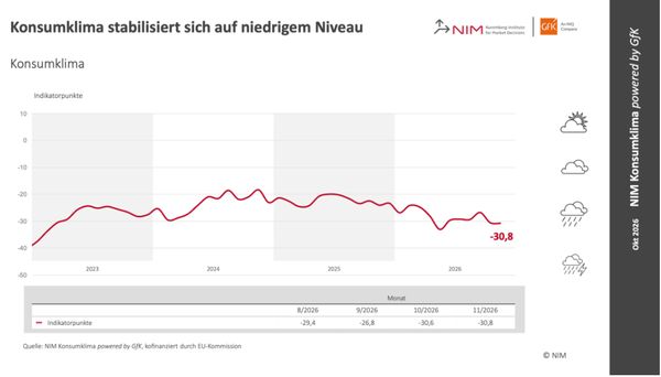 Liniendiagramm zeigt Konsumklima-Stabilitätsindex und niedrigem Niveau über einen Zeitraum mit leicht schwankender roter Linie.
