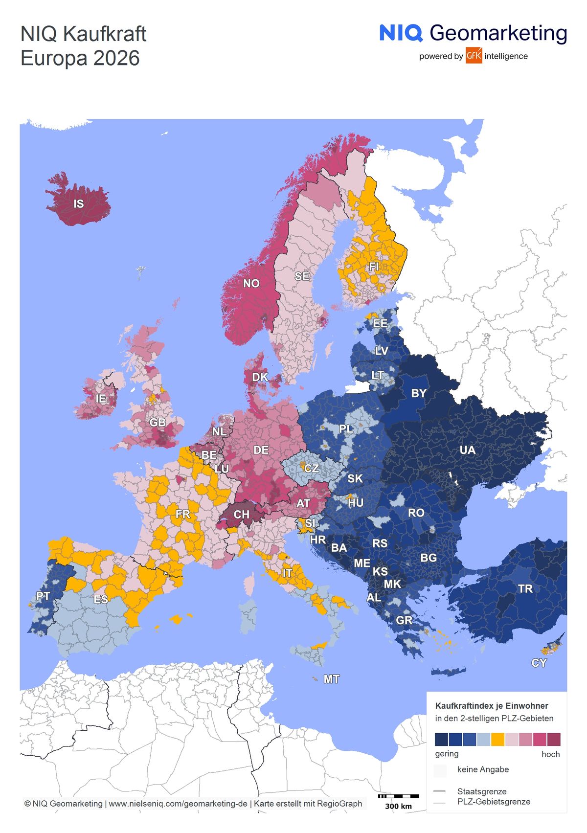 Europakarte zeigt Kaufkraftindex je Einwohner 2026 in Zwei-Ziffern-Gebieten, Farbskala von dunkelblau (gering) bis dunkelrot (hoch).