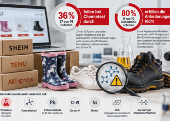 Bei einer Untersuchung von Schuhen, die über Shein, Temu und AliExpress gekauft wurden, stellte die CEC zahlreiche Verstöße gegen europäische Sicherheits- und Chemikalienvorschriften fest.